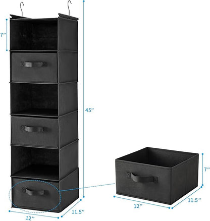 MAX Houser 6 Tier Shelf Hanging Closet Organizer, Closet Hanging Shelf with 2 Sturdy Hooks for Storage, Foldable (Black-D3)