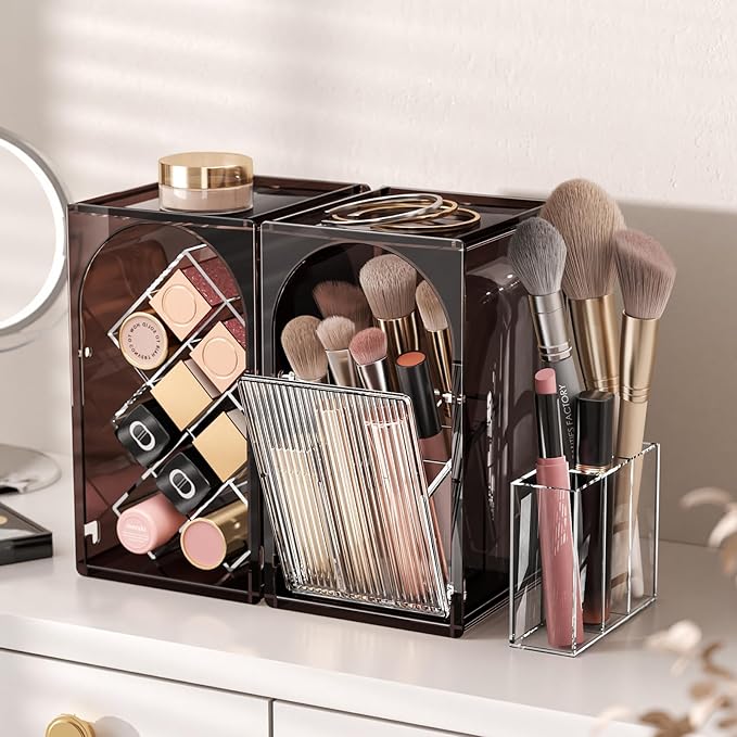 INVSSENE Stackable Makeup Organizer Countertop, Storage Perfume Skincare Cosmetic Lipstick Face Mask Makeup Brush Palettes, Ideal for Vanity Bathroom Counter