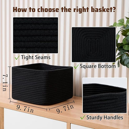 MiniArk Small Organizing Baskets for Cubes Shelf, 9.7x9.7x7.1 Inch Rope Woven Storage Bins for Nursery Shelves Storage, Cute Toy Basket, Square 3 Packs Black