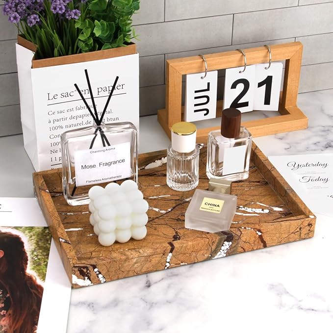 Marble Bathroom Vanity Tray, Natural Luxury Vanity Home Kitchen Bathroom Table Tray, Stone Decorative Countertop Dresser Trays for Key Coffee Perfume Jewelry Makeup (Rainforest Brown, 12"x 8" x1.2")