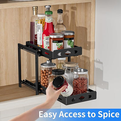 BOIVSHI Pull Out Spice Racks for Inside Cabinets, 2-Tier Cabinet Spice Rack Organizer, Height Adjustable Vertical Spice Rack for Kitchen Cabinet (7.5''Wx10.8''Dx9.2''H, Metal Black)