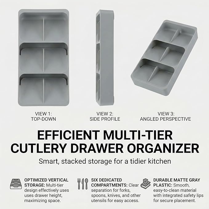 6 Slots Silverware Cutlery Drawer Organizer,Small Kitchen Utensil Tray for Flatware, Cutlery, Spoon and Knives Compact Storage Organization Keep Kitchen, Camper Drawer Neat & Organized