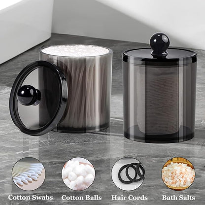 SheeChung 8-Pack Qtip Holder,Black Acrylic Canister Apothecary Jars with Lids & 12 Labels - (4) 10oz & (4) 12oz Plastic Canisters Bathroom Storage Set - Shatterproof Qtip Holder for Home Organization