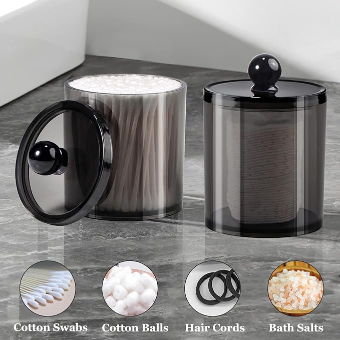 SheeChung 4-Pack Qtip Holder,Mixed Sizes Black Acrylic Apothecary Jars with Lids - (2) 12oz & (2) 10oz Qtip Holder Set - Shatterproof Bathroom Vanity Organizer for Cotton Swabs,Balls,Pads