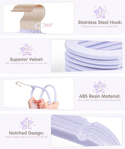 VIS'V Baby Hangers, 11 Inch Velvet Kids Hangers with 6 Pcs Clothes Size Dividers, Infant Toddler Nursery Closet Organization, Non Slip, Lavender, 50 Pcs