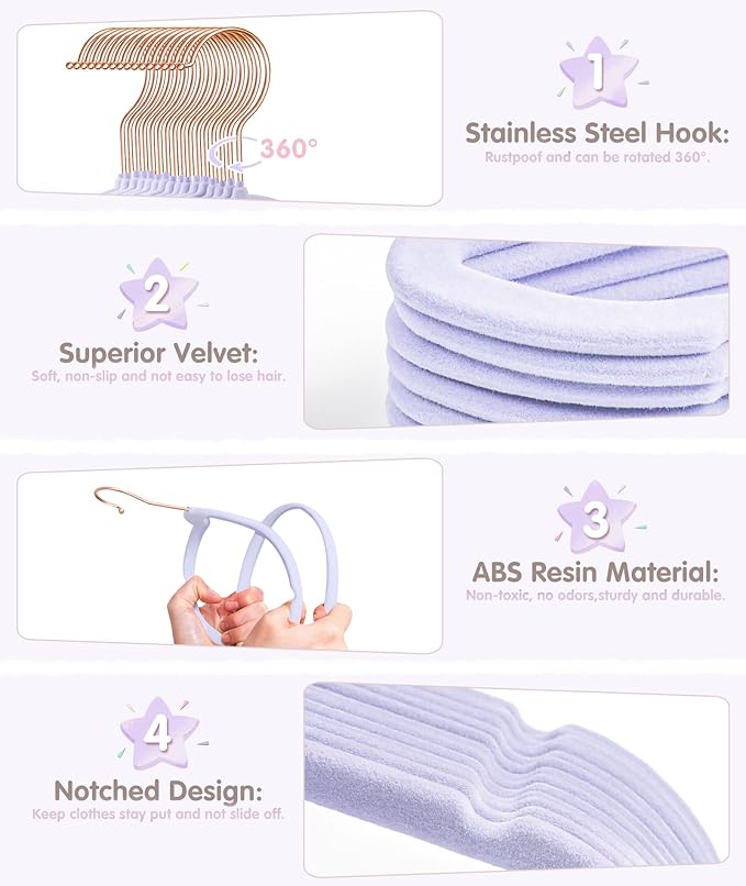 VIS'V Baby Hangers, 11 Inch Velvet Kids Hangers with 6 Pcs Clothes Size Dividers, Infant Toddler Nursery Closet Organization, Non Slip, Lavender, 30 Pcs