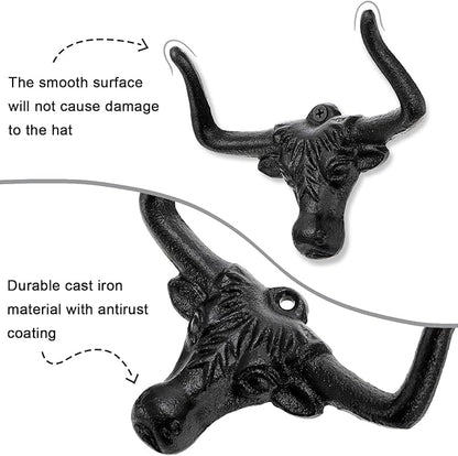 Foraineam 4 Pack Cowboy Hat Rack for Wall, Animal Head Metal Cowboy Hat Hanger Cap Holder, Cast Iron Western Longhorn Hooks for Closet Bedroom Living Room Hats Storage and Display Rustic Men's Gift