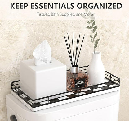 Toilet Paper Basket Organizer – Oak Wood Toilet Tank Tray with Metal Frame, Bathroom Counter Top Storage for Toilet Paper, Wipes & Decor, Modern Narrow Back of Tank Shelf Organizer, Black & White