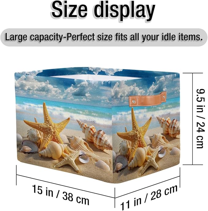 AUUXVA Storage Basket Sea Ocean Beach Starfish Shell Storage Cube Box Durable Canvas Collapsible Toy Basket Organizer Bin with Handles for Shelf Closet Bedroom Home Office