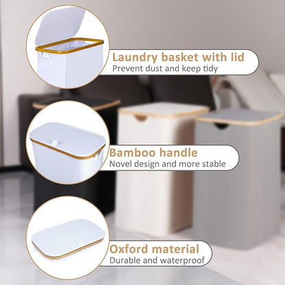 iEGrow 60L Slim Laundry Hamper, Narrow Laundry Basket with Lid,Foldable Clothes Hamper with Bamboo Handles,Hamper Basket with Removable Inner Bag for Laundry Room Bedroom College Dorm,15.85 Gals White