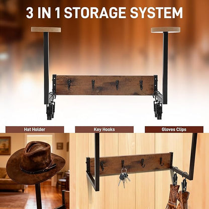 Cowboy Hat Rack For Wall, Rustic Helmet Holder with 2 Wooden Hat Stands, 4 Metal Hooks and 4 Clips for Jacket Organization, Western Home Decor Shelf for Closet, Horse Trailer, Entryway, Bedroom