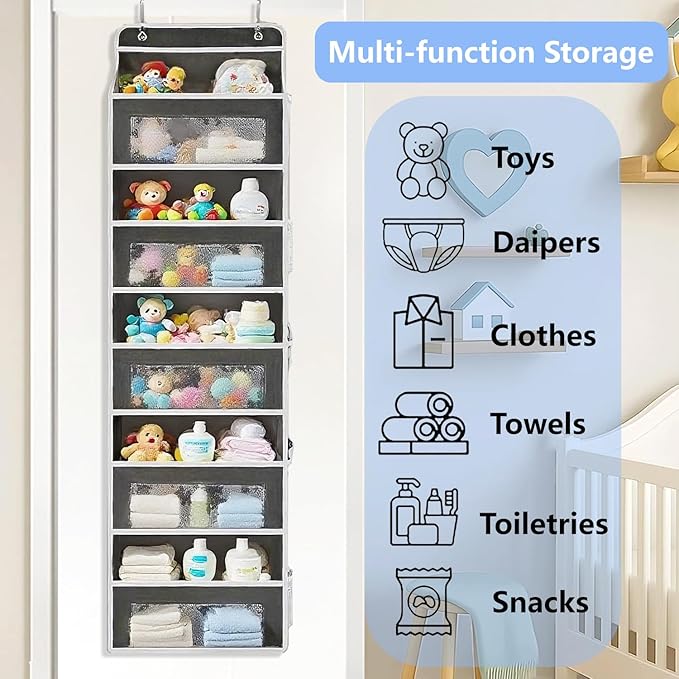 Over the Door Organizer with 5 Front Pockets and 5 Mesh Side Pockets,Extra Large Hanging Organizer for Over the Door Storage in Bedroom, Bathroom,Pantry, Nursery (Black)