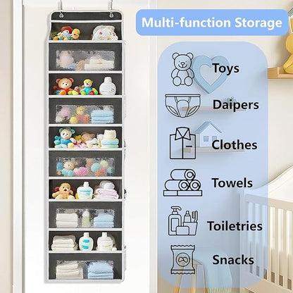 Over the Door Organizer with 5 Front Pockets and 5 Mesh Side Pockets,Extra Large Hanging Organizer for Over the Door Storage in Bedroom, Bathroom,Pantry, Nursery (Black)