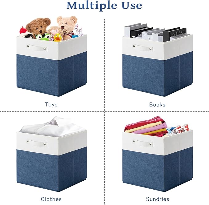 FinishingBo 13 x 13 Inch Fine Linen Storage Bins with Handles，Fabric Cube Boxs，Basket Organizers for Shelves for Home, Closet Drawers (White/Blue-6 Pack)