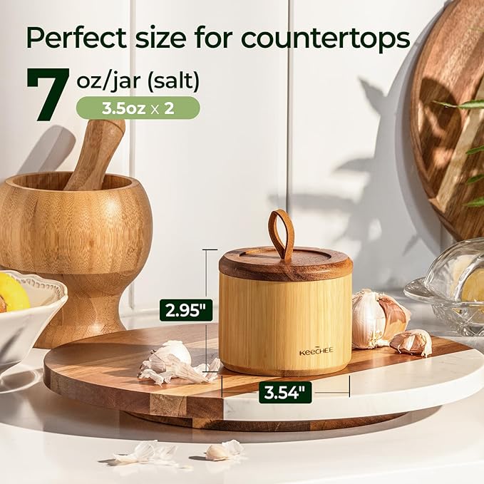 keechee Bamboo Salt Cellar with Acacia Lid & Spoon, 7oz Capacity with Built-In Spoon Slot & Labels, Two-Tone Countertop Seasoning Container (Dual Compartment (Divided) - 1 Pack)