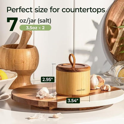 keechee Bamboo Salt Cellar with Acacia Lid & Spoon, 7oz Capacity with Built-In Spoon Slot & Labels, Two-Tone Countertop Seasoning Container (Dual Compartment (Divided) - 1 Pack)