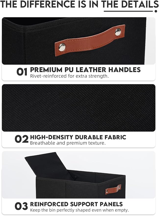 Fabric Storage Bins (15x11x9.5”) – Reinforced 2.5mm Cardboard Shelf Bins with PU Leather Handles – [6-Pack] Durable Storage Baskets for Closet Organization, Toy Organizer, & Home Office – Black