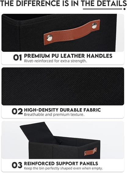 Fabric Storage Bins (15x11x9.5”) – Reinforced 2.5mm Cardboard Shelf Bins with PU Leather Handles – [6-Pack] Durable Storage Baskets for Closet Organization, Toy Organizer, & Home Office – Black