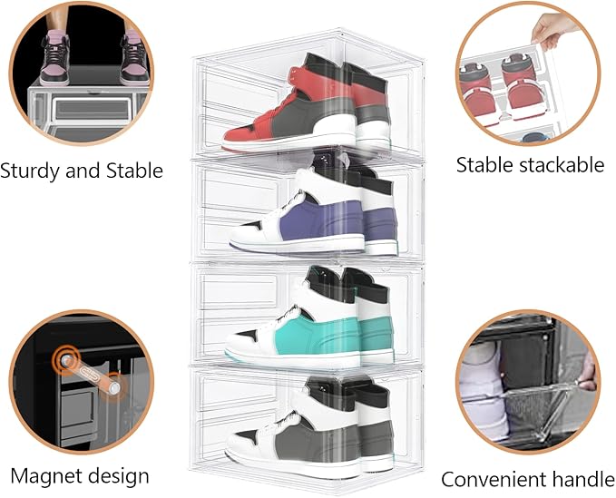 Shoe Box, 6 Pack Shoe Boxes Clear Plastic Stackable, Shoe Storage Boxes with Lids, Drop Front Shoe Boxes for Sneaker Storage Display, Fit Up to US Size 12 (13.6”x 10.4”x 7.5”) (Transparent)