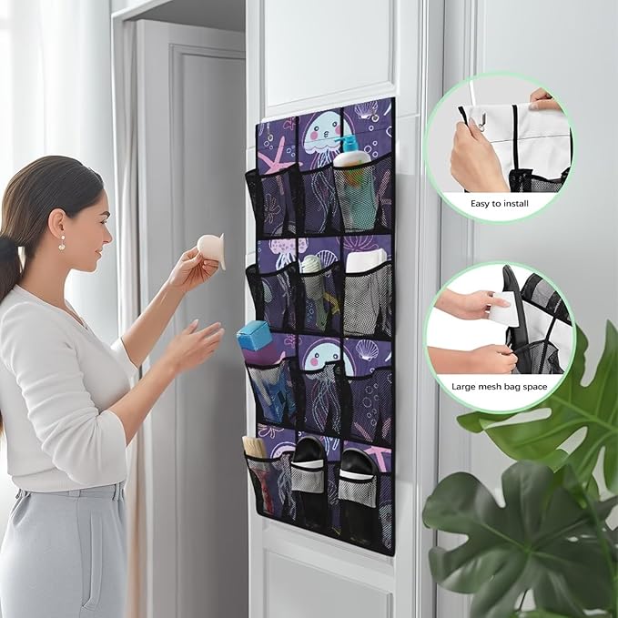 Jellyfish Over The Door Shoe Organizers,Shoe Rack for Door,Hanger Storage Organizer for Closet,Classroom Headphone Storage with 12 Mesh Pockets,Breathable Storage Bag