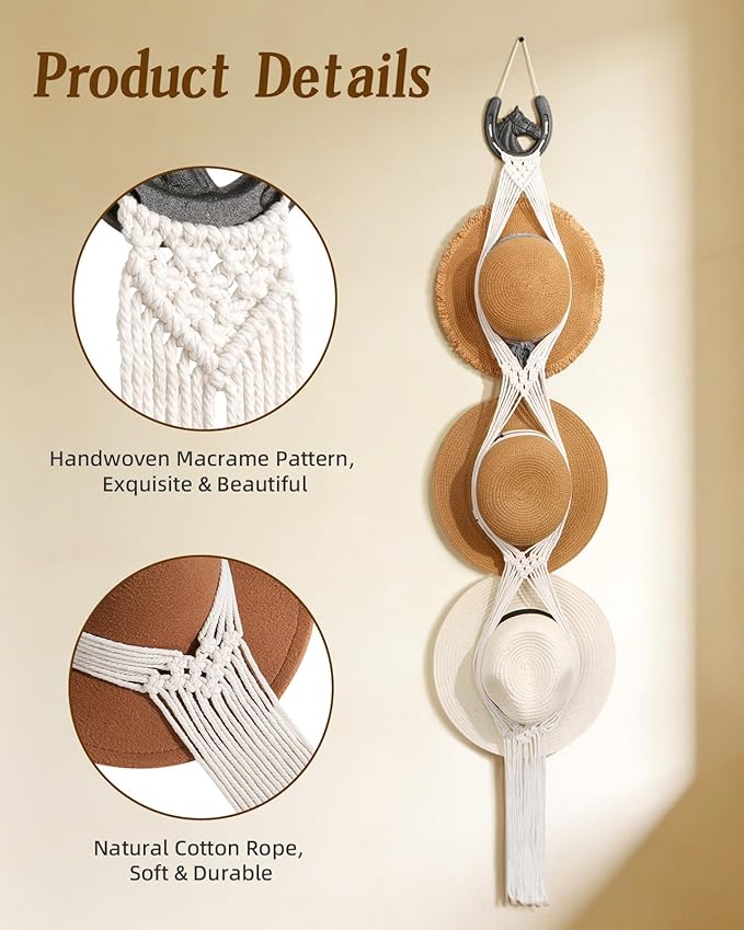 Macrame Wall Hat Rack Boho Hat Organizer Wall Mount with Cast Iron Horsehead Hanger Western Hat Holder for Women Wide Brimmed Fedora Straw Cowboy Hats Storage Back of Door Decorative Display