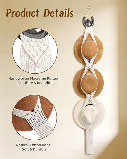Macrame Wall Hat Rack Boho Hat Organizer Wall Mount with Cast Iron Horsehead Hanger Western Hat Holder for Women Wide Brimmed Fedora Straw Cowboy Hats Storage Back of Door Decorative Display
