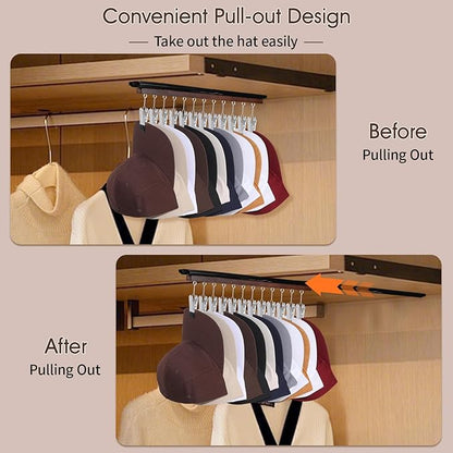 SNOWSTAR Hat Hanger for Closet, 1 Pack Sliding Hat Rack for Baseball Caps, Baseball Hat Organizer Holder with 12 Large Clips, Ball Cap Organizer Wall Space Saving Design