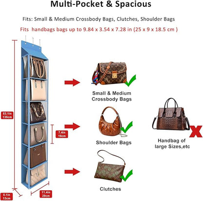 Lirex Over The Door Purse Organizer & Purse Shelf for Closet – Handbag Storage Organizer with Purse Hanger. Perfect for Scarves, Hats, and Leggings. S (11.8'' x 5'' x 51.6''), Blue