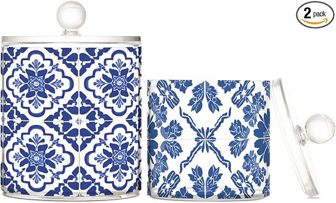 2 Pack Qtip Dispenser Apothecary Jars with Lids Cotton Round Holder Bathroom Canisters for Cotton Swab Floss Ball Pads Clear Plastic Decorative Floral Blue and White Tile
