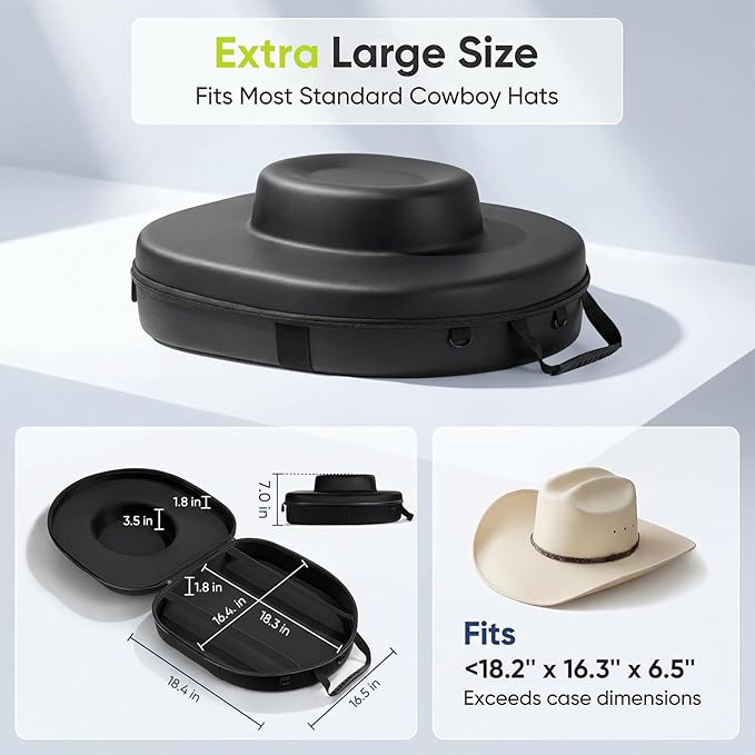 Cowboy Hat Travel Case, Hard-Shell Crushproof Box w/Adjustable Strap, Large Carrier Fits 1–3 Cowboy/Fedora/Panama Hats, Magnetic Closure, Pocket, Black