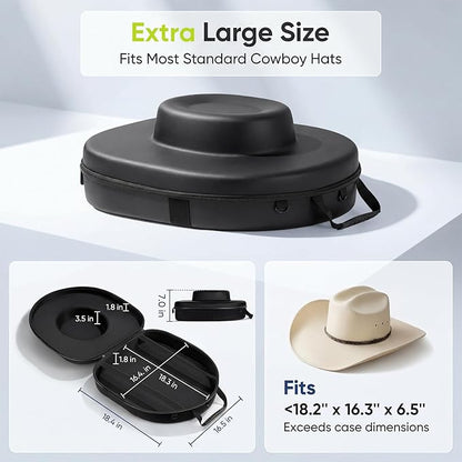 Cowboy Hat Travel Case, Hard-Shell Crushproof Box w/Adjustable Strap, Large Carrier Fits 1–3 Cowboy/Fedora/Panama Hats, Magnetic Closure, Pocket, Black