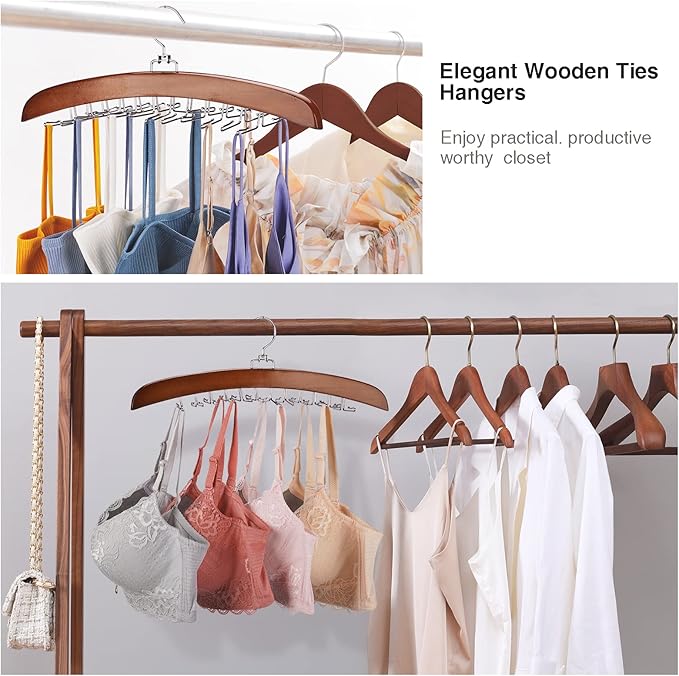 Tie Rack 2Pcs Tie Racks for Men Closet 24 Hooks, Wooden Tie Organizer with Upgraded 360°Rotating, Scarves Accessories Closet Organizer for Bras,Tank Tops,Camisoles etc.Walnut…