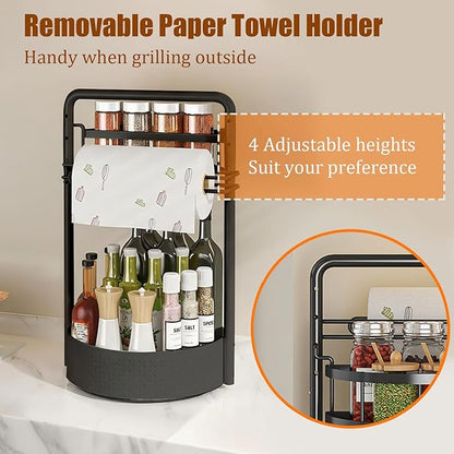 JEESA Rotating Spice Rack with Paper Towel Holder, 2 Tier Lazy Susan for Spices, Sturdy Iron Seasoning Organizer for Kitchen Countertop, Black