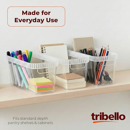Tribello Narrow Storage Bins – Slim, Clear Plastic Storage Basket, Clear Organizer for Tight Spaces (2 Pack, 15” x 6” x 6”)
