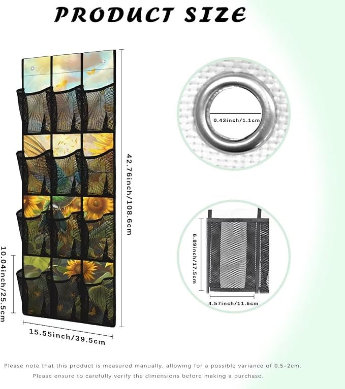 Sunflower Bird Over the Door Hanging Organizer for Closet - Large Storage Bags with Metal Hooks, Space Saving Home Organization