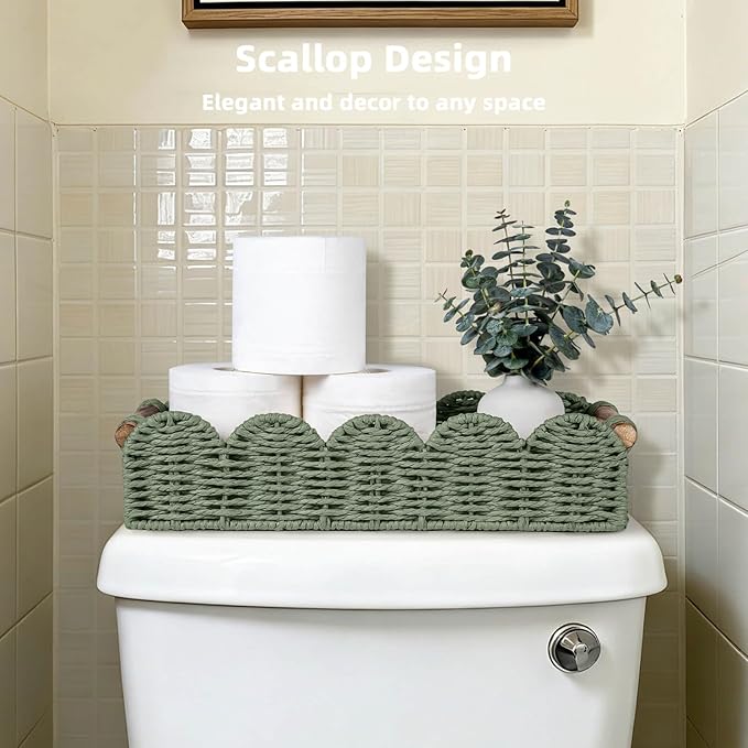CubesLand Bathroom Basket Organizer w/Cut Out Handle, Back of Toilet Paper Storage Baskets for Bathroom Countertop Decorative, Small Scalloped Wicker Basket Also for Home Decor, Living Room, Green