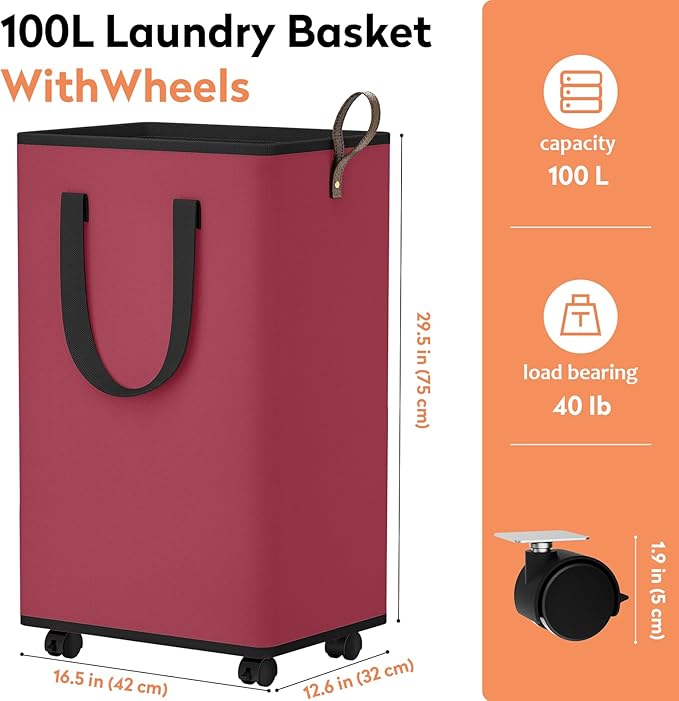 SpaceTrove Laundry Basket with Wheels, Collapsible Laundry Baskets, Laundry Hamper with Handles Detachable Wheels, Rolling Laundry Basket, Dirty Clothes Hamper for Bathroom, Dorm, Bedroom, Red, 100L