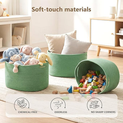 ECDYQXVU Cotton Rope Storage Basket, 15x10x9 Inches, Woven Basket for Shelves, Clothes, Towels, Books, and Laundry, Green (3 Pack)