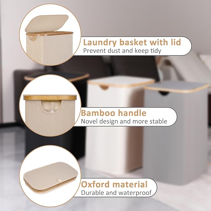 iEGrow 65L Slim Laundry Hamper, Narrow Laundry Basket with Lid,Foldable Clothes Hamper with Bamboo Handles,Hamper Basket with Removable Inner Bag for Laundry Room Bedroom College Dorm,Oatmeal