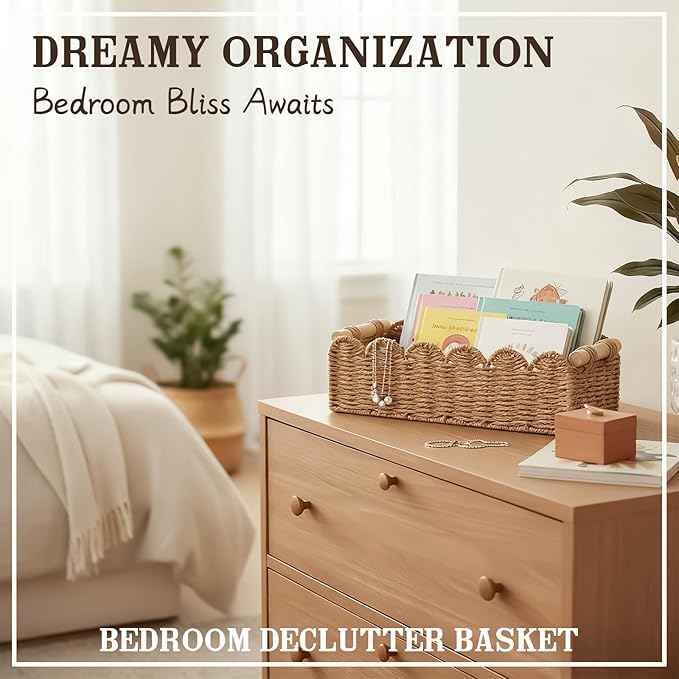 Upgraded Paper Rope Scalloped Edge Toilet Paper Storage Basket, Small Living Room, Bedroom Decor Baskets for Over Toilet Storage Shelf, End Table, Shelves and More, with 2 Wooden Handle (Green)