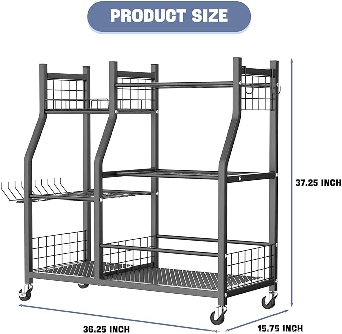 Extra Large Garden Tool Organizer Rack with Wheels, 3x2 Heavy Duty Garage Storage Stand Holds 60+ Tools, Black