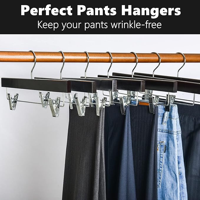 Amber Home 10 Pack Walnut Wooden Pants Hangers with Clips, 14" Wood Skirt & Trousers Hangers, Closet Hangers for Jeans, Slacks, Shorts, with 2-Adjustable Clips (Vintage, 10)