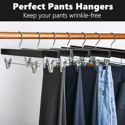Amber Home 24 Pack Walnut Wooden Pants Hangers with Clips, 14" Wood Skirt & Trousers Hangers, Closet Hangers for Jeans, Slacks, Shorts, with 2-Adjustable Clips (Vintage, 24)