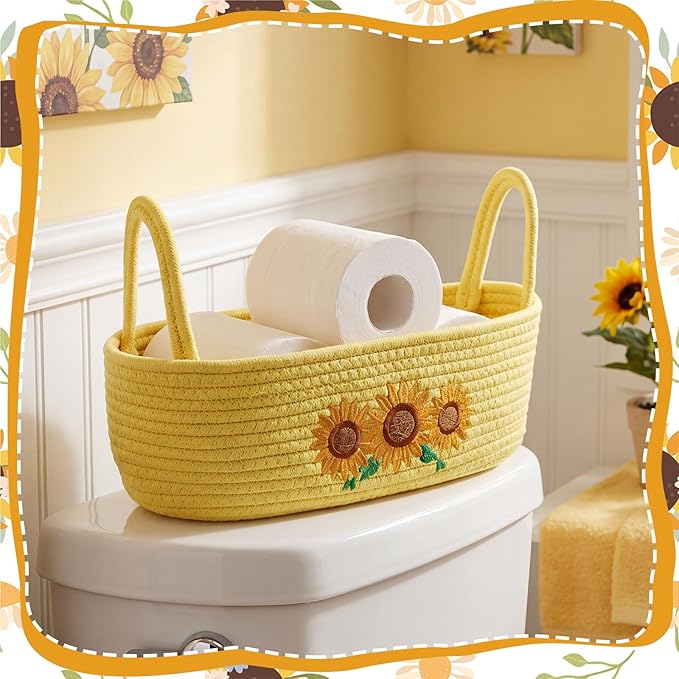 Vesici Sunflower Woven Storage Basket for Toilet Tank Top Boho Cotton Rope Bathroom Countertop Organizer Basket with Handle Yellow Bathroom Decor for Bedroom Nursery Toys Organizing, 13 x 6 x 4 Inch