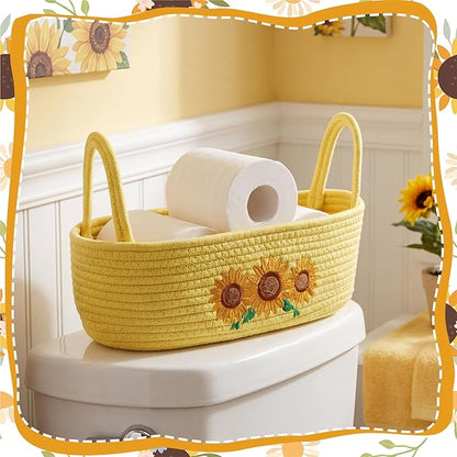 Vesici Sunflower Woven Storage Basket for Toilet Tank Top Boho Cotton Rope Bathroom Countertop Organizer Basket with Handle Yellow Bathroom Decor for Bedroom Nursery Toys Organizing, 13 x 6 x 4 Inch