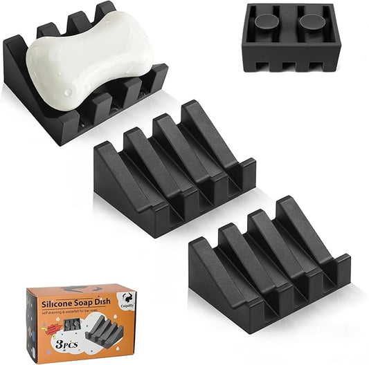 Soap Dish Holder for Shower with Suction Cup, Silicone Soap Holder & Saver Self-Draining Bar Soap Dish Keeps Soap Dry for Bathroom, Kitchen, Bathtub, Extends Soap Life (Black-3Pack)