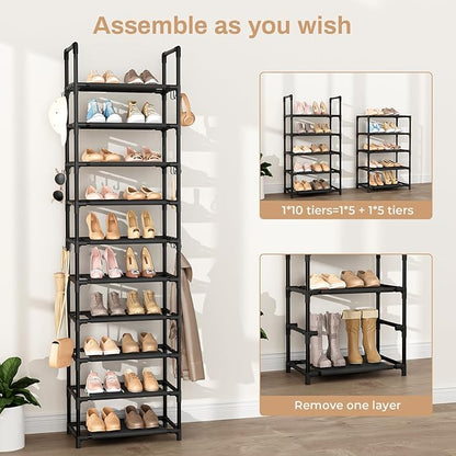 VTRIN 10 Tiers Tall Shoe Rack Holds 20-25 Pairs of Shoes Sturdy Vertical Shoe Organizer with 18pcs Hooks Stackable Narrow Shoe Rack for Closet, Entryway Black
