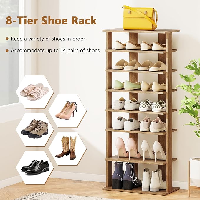 Giantex 8-Tier Wooden Shoe Rack, Patented Double Row Shoe Organizer for 16 Pairs, Customizable Height, Space-Saving Shoe Storage Stand for Entryway, Hallway, Living Room, Bedroom, Natural