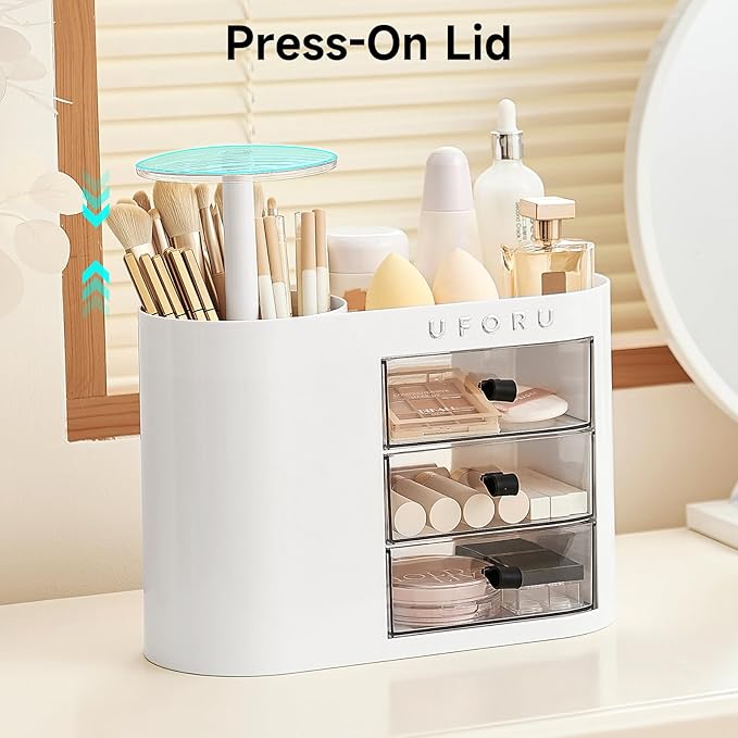 UFORU Makeup Organizer with Pop-Up Brush Holder for Dresser Vanity, Plastic Bathroom Counter Organizer with 3 Drawers & Dust-Proof Cover, Cosmetic Display Case for Lipstick, Skincare, White