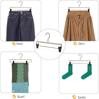 Nature Smile Deluxe Beech Wooden Pants Hangers Bottom Hanger Jeans Hanger Trousers Skirt Hanger with 2-Adjustable Black Matt Clips and Hook 20 Pack (Natural Wood+Black Metal)